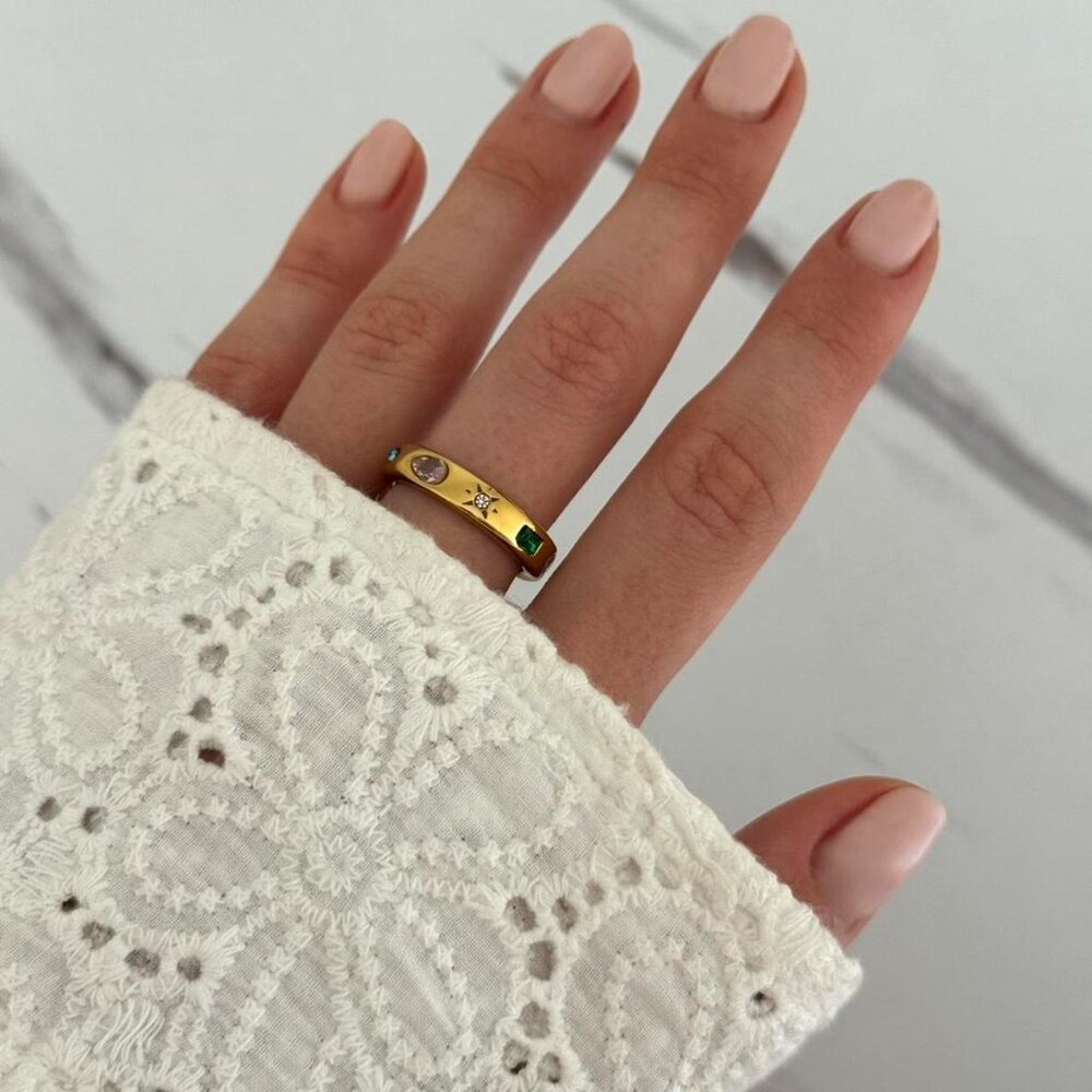 Sku0276 Retro Gold Multicoloured Gemstones Women Fashion Ring Stainless steel
